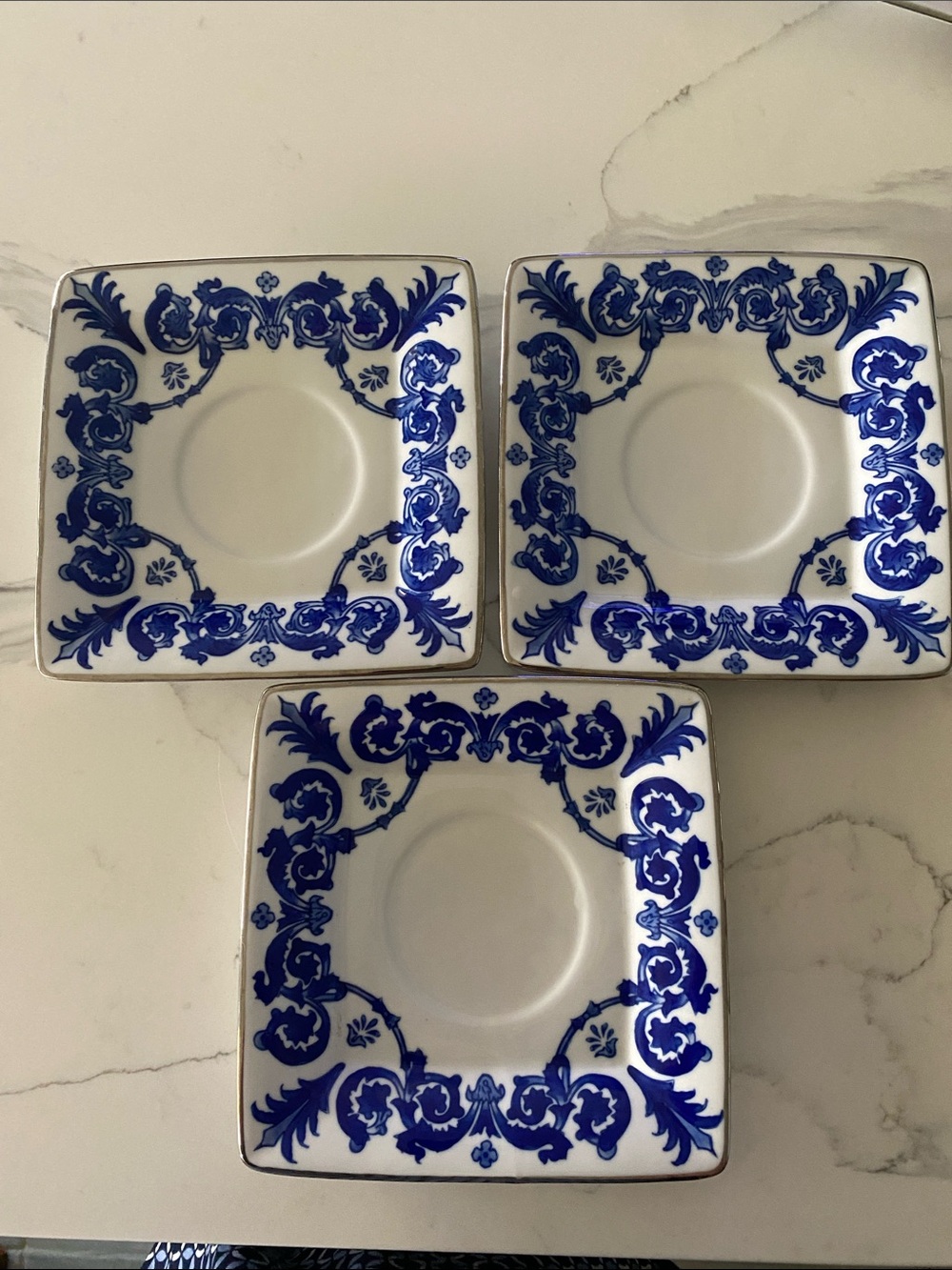 Vintage Bombay Square Porcelain Saucers - 3 pc Blue Pattern